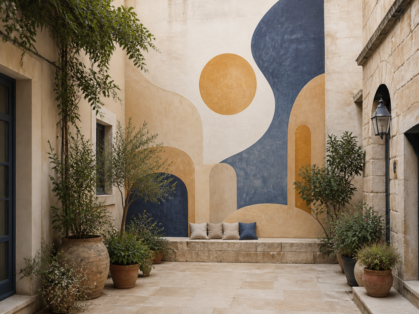 Cour montpelliéraine avec fresque minérale
